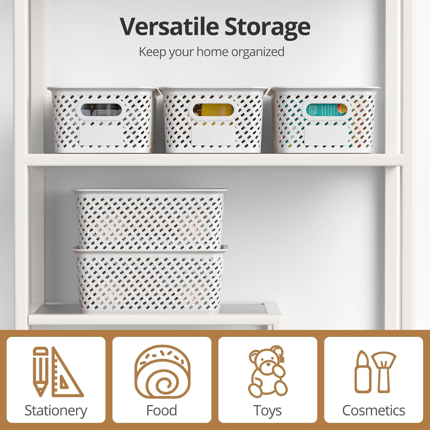 Plastic Storage Bins - Stackable Organizing Baskets with Lids | 8-Pack, 10.2x7.2x4.1 Inches, White