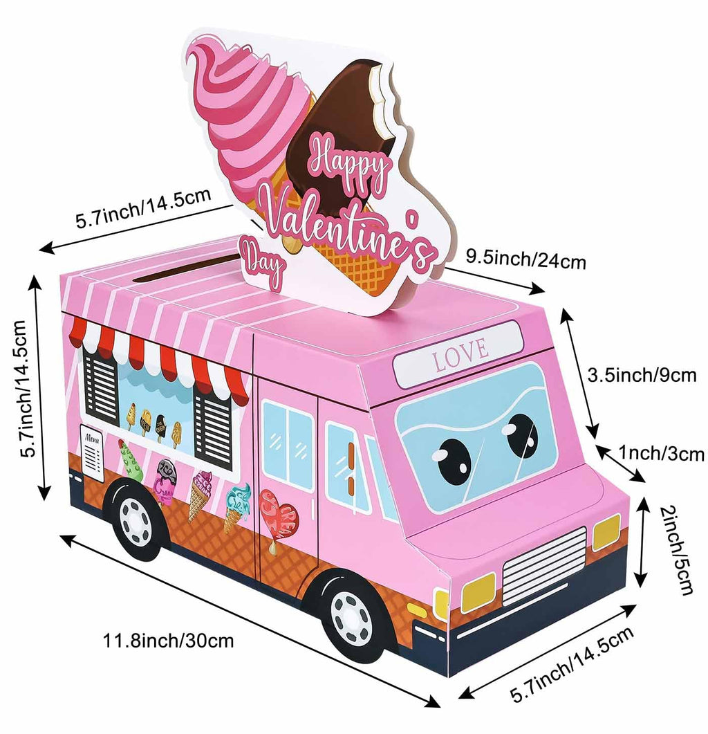 RINDOJIN Valentines Day Cards for Kids 3D Pink Ice Cream Truck Valentine Mailbox for Kids Classroom School Boys Girls Party Truck Valentines Day Card Box with 35 Ice Cream Valentine Cards