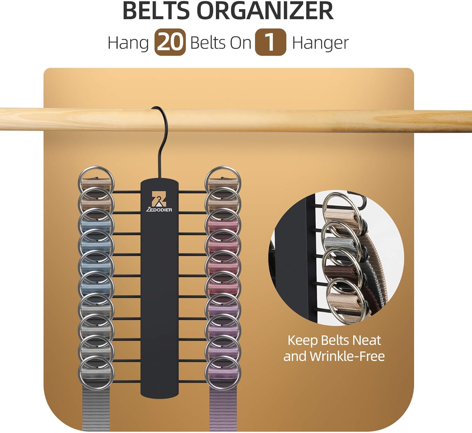 ZEDODIER Tie Hanger - Space-Saving Necktie Organizer with 40 Hooks | Large Capacity Black Wooden Hanger