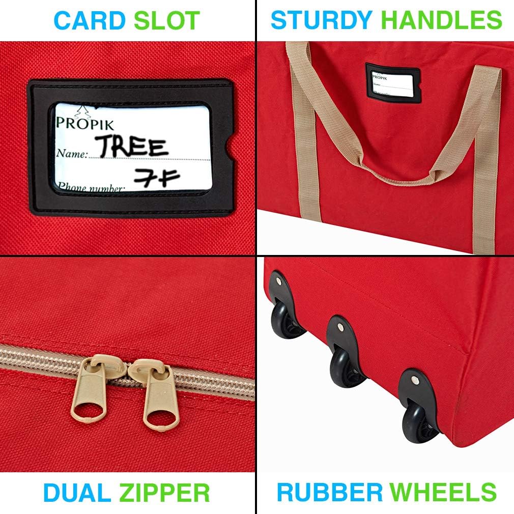ProPik Christmas Tree Storage Bag - Extra Large Heavy Duty with Wheels | Fits Up to 9 ft Tree, 28"x16"x60", Red