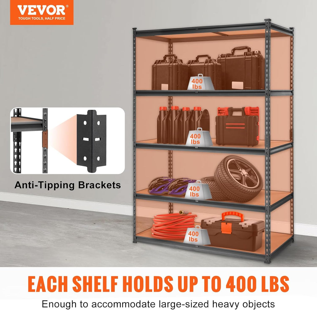 VEVOR 5-Tier Adjustable Storage Shelving Unit - Heavy Duty Metal Shelves for Garage, Kitchen, Pantry | 48" L x 24" W x 72" H
