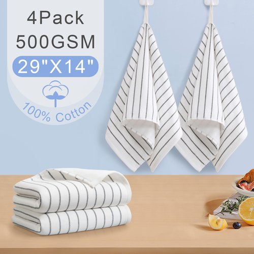 4-Pack Striped Hand Towels, thick 450GSM, Ultra-Absorbent & Quick-Drying ，100% Cotton 13x28 Inch Hand Towels with Hanging Loops, White Background Black Stripe Design for Bathroom & Kitchen