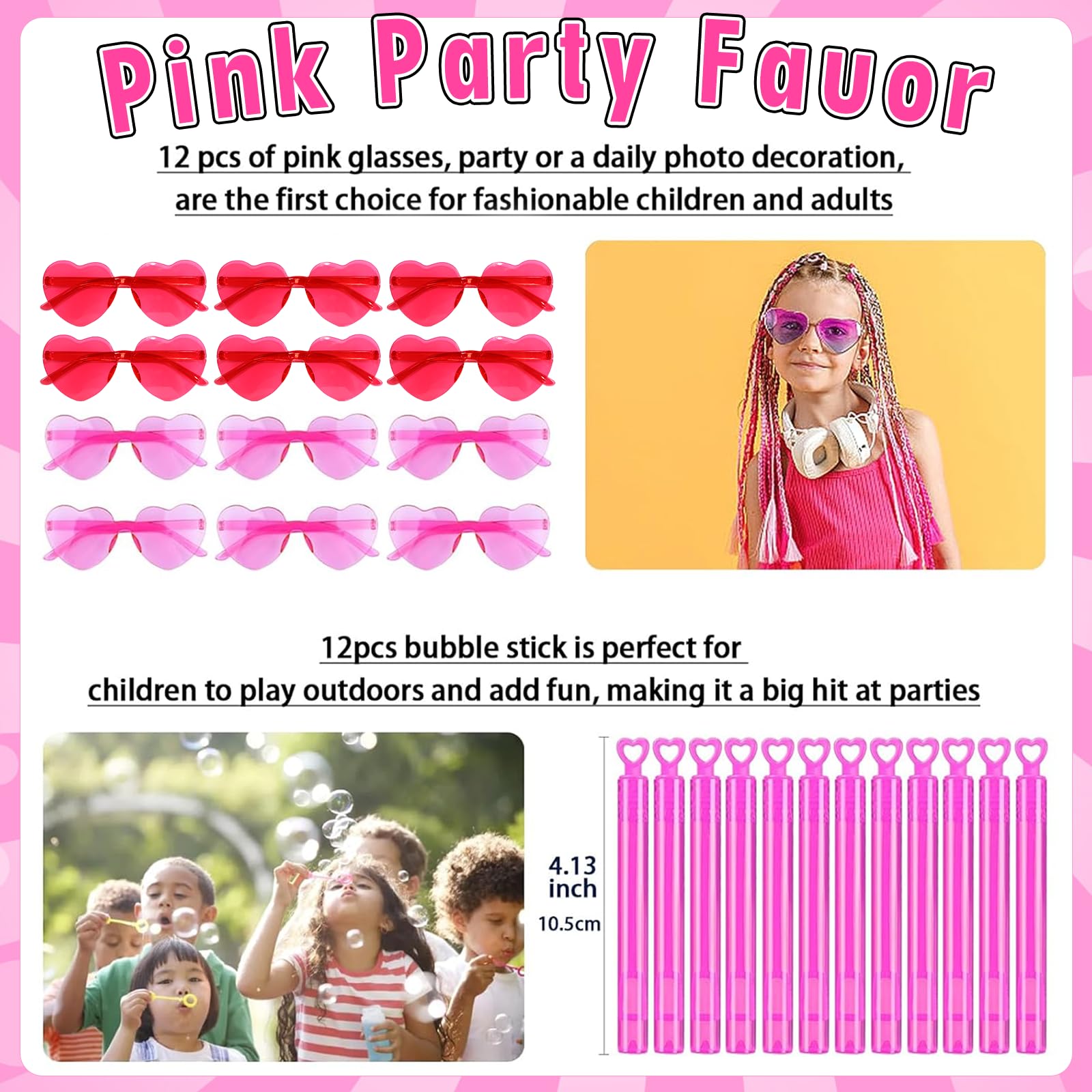 156PCS Pink Girls Party Favors - Little Girl's Birthday Supplies Set with Heart Glasses, Bubble Sticks, Bracelets, Stickers, and More – Ideal Goodie Bag Stuffers for Birthday Party Decorations