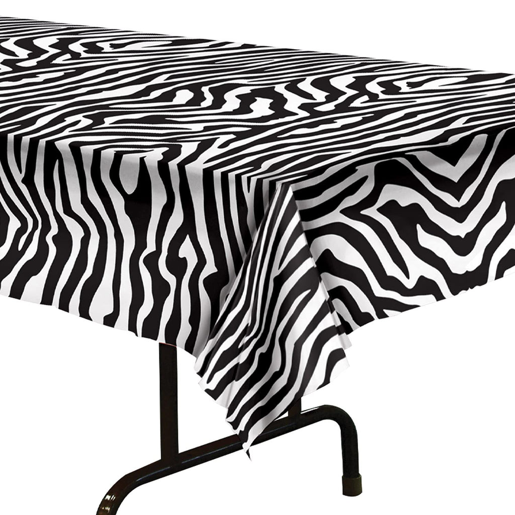 Beistle Plastic Disposable Rectangular Zebra Print Table Cover Bachelorette Birthday Party Supplies and Tableware, 54"x108", Black, White