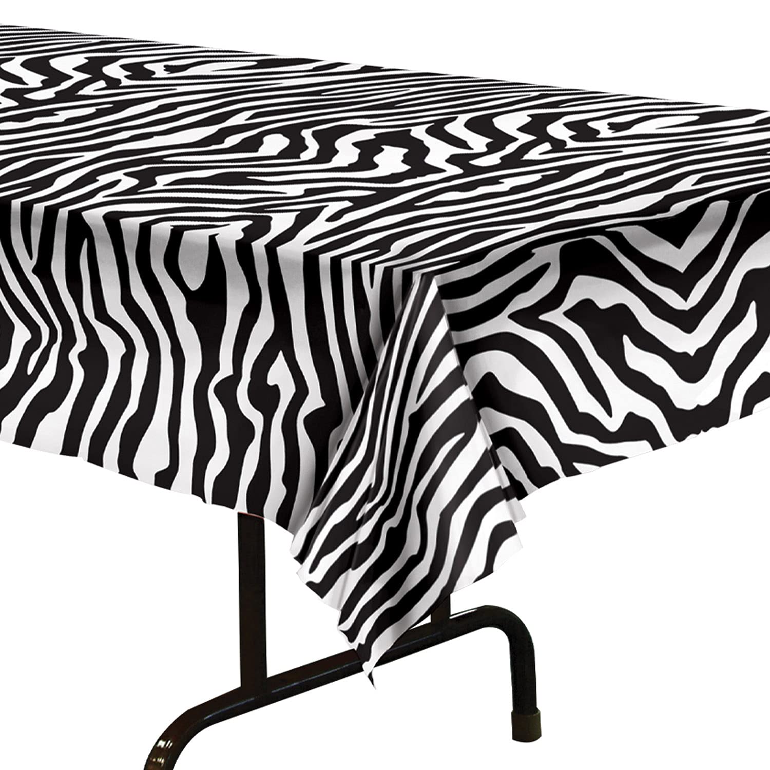Beistle Plastic Disposable Rectangular Zebra Print Table Cover Bachelorette Birthday Party Supplies and Tableware, 54"x108", Black, White