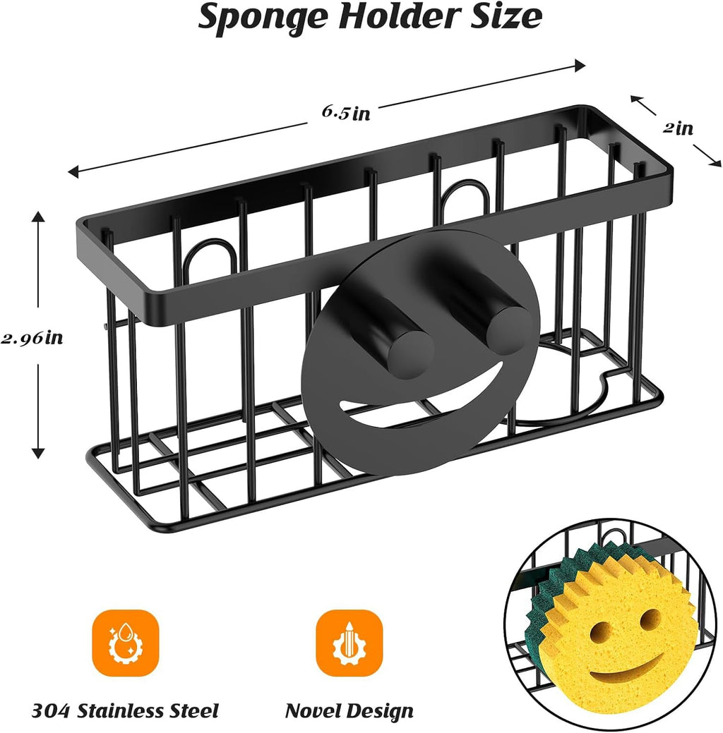 MURLONG Sponge Holder - Smiley Face Kitchen Organizer with Suction Cups & Adhesive Strips | Black
