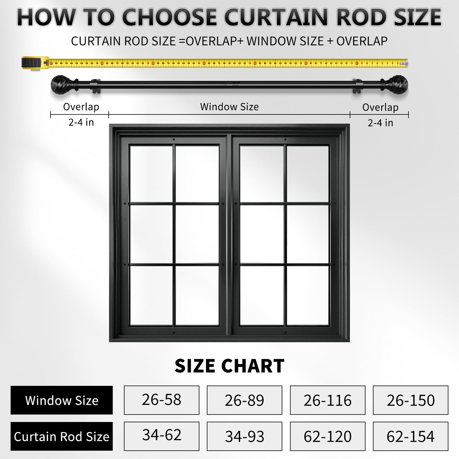 Curtain Rod for Sliding Glass Door, 34-93 Inch Adjustable 1 Inch Heavy Duty Drapery Rod, Window Treatment Rod for Bedroom, Living Room and Indoor Outdoor Use, Matte Black