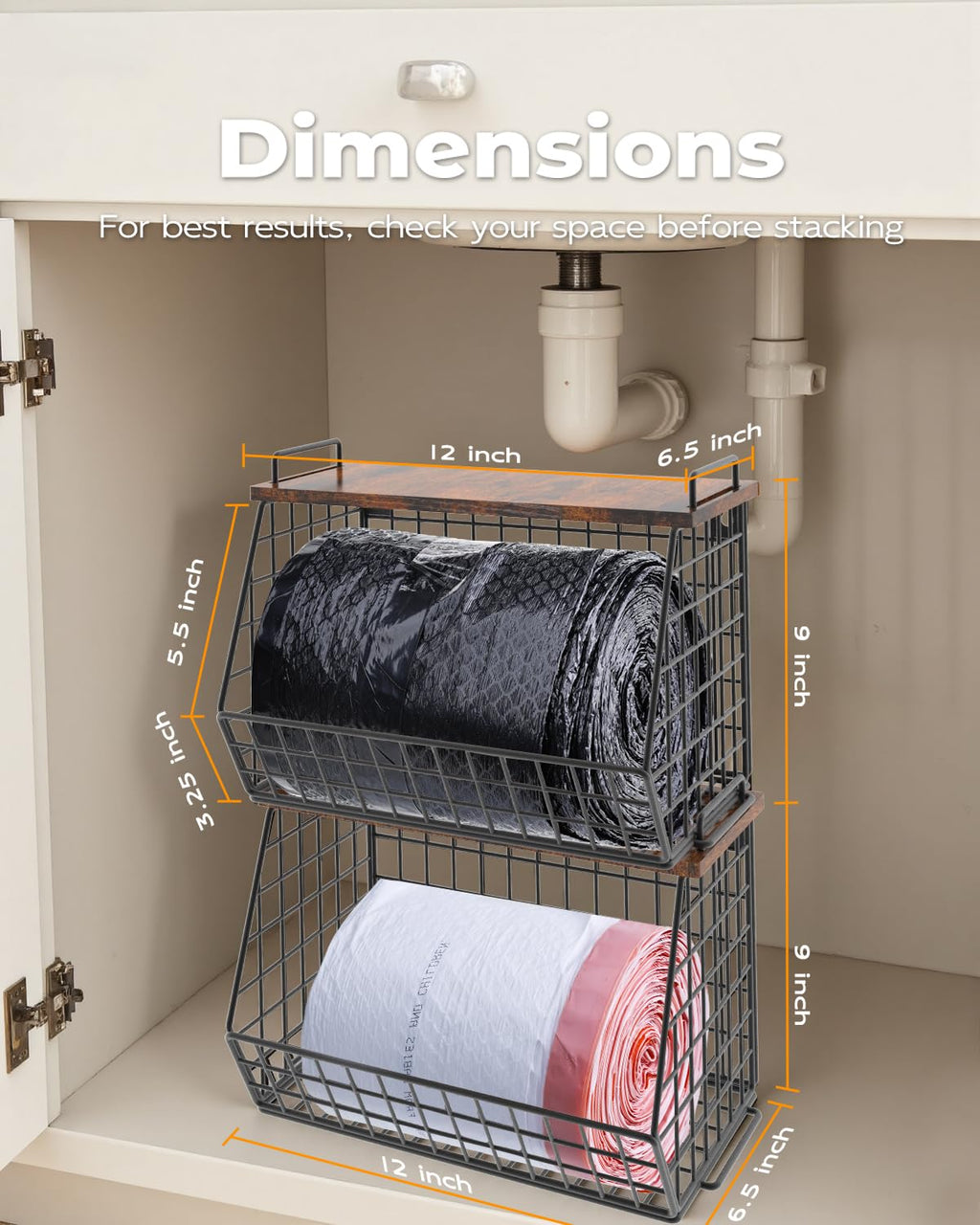 2 Pack Stackable Extra Large Trash Bag Holder Under Sink, Wall Mounted Garbage Bag Dispenser Roll Holder for 13/33 Gallon Trash Bags, Kitchen/Pantry/Laundry Room Organization Basket Storage Bin