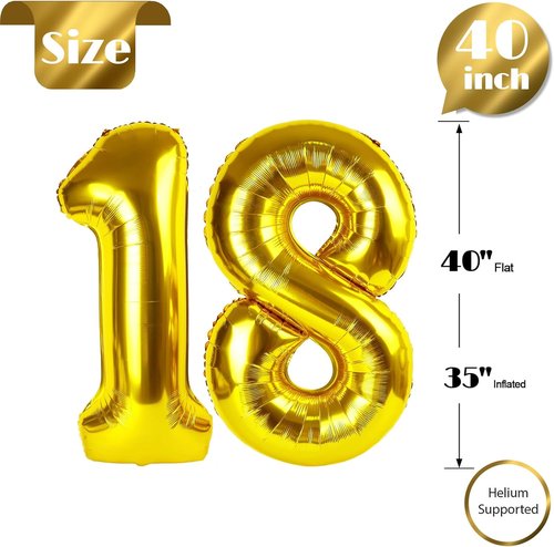 Gold Number 18 Balloon - 40 Inch Metallic Decoration for 18th Birthday Parties | Perfect for Girls & Boys