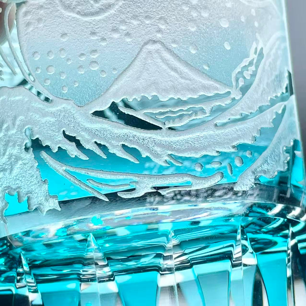 suigetsu Crystal Luxury Whiskey Glass, Mount Fuji Design, Japanese Style Hand Cut Glass Tumblers (turquoise)