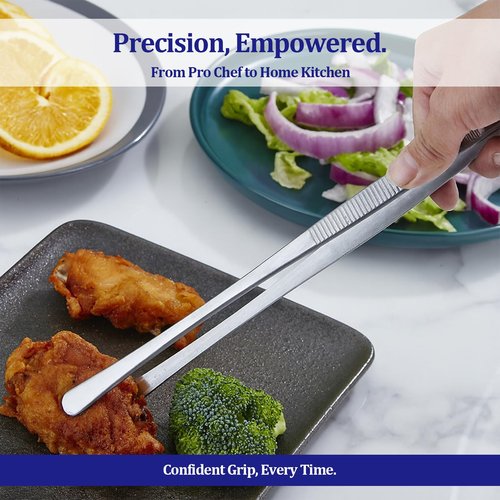 12-inch Stainless Steel Cooking Tongs & Tweezers, Non-Slip Grip & Serrated Tips for Grilling, Baking, Garnishing, BBQ, Kitchen & Craft Use (Round Tip)