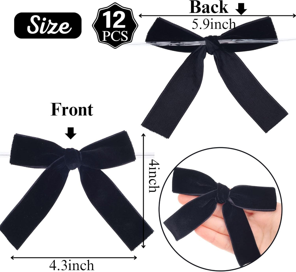 Velvet Bows 12 PCS - Premade Christmas Bows for Trees, Wreaths & Gift Wrapping | Elegant Black Design