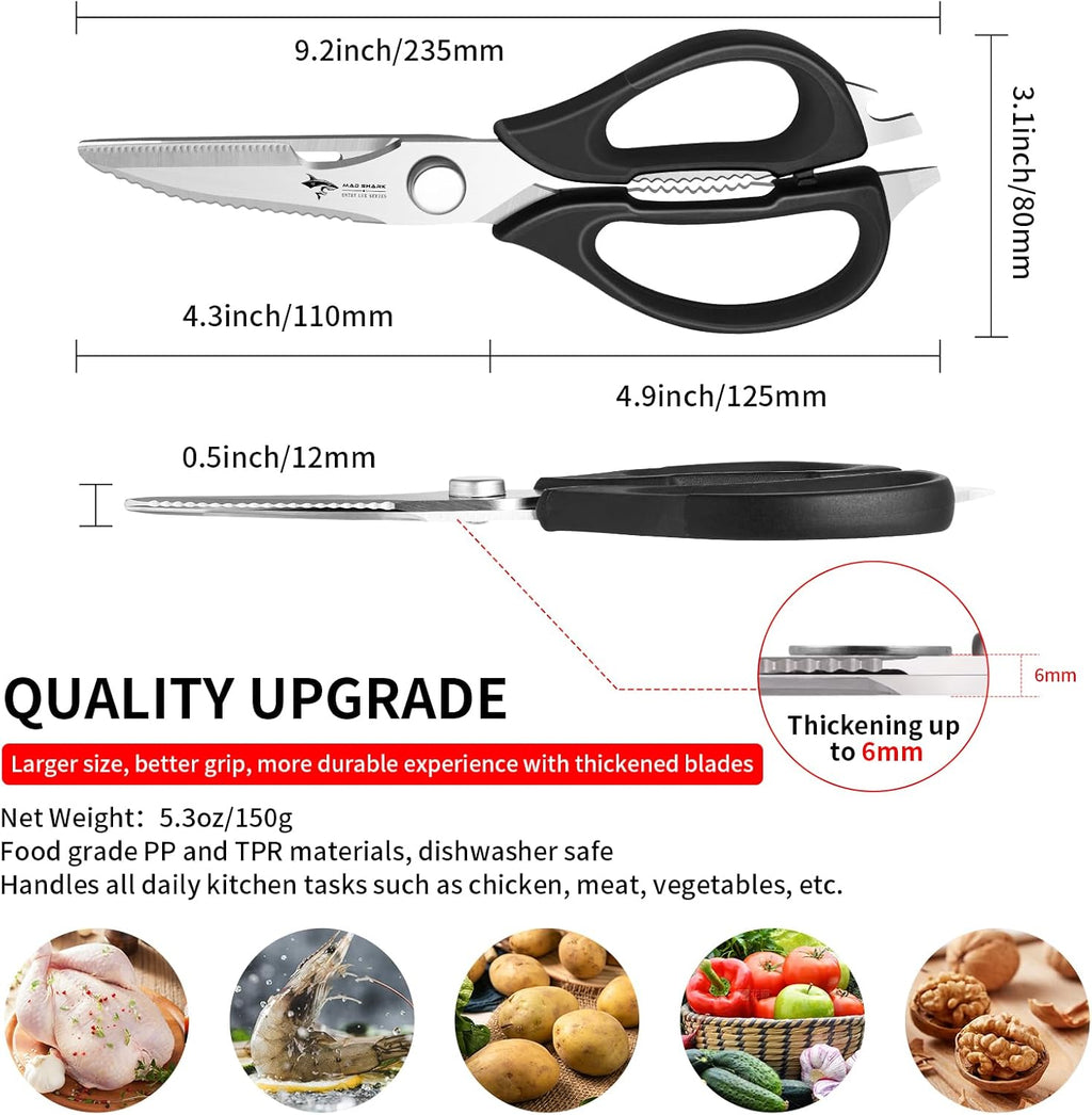 MAD SHARK Kitchen Scissors - Heavy Duty Stainless Steel Shears with Comfort Grip | Dishwasher Safe, Black