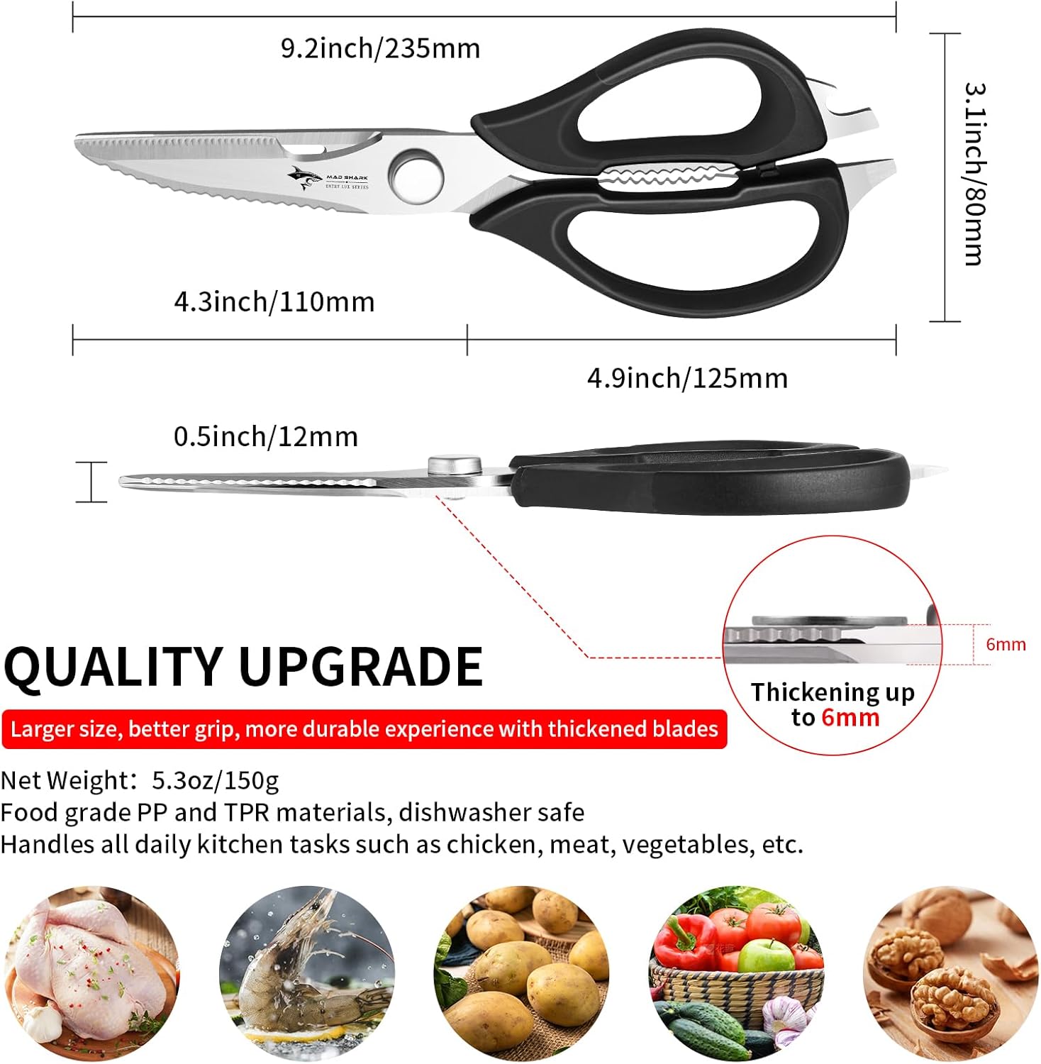 MAD SHARK Kitchen Scissors - Heavy Duty Stainless Steel Shears with Comfort Grip | Dishwasher Safe, Black