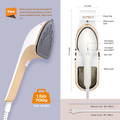 ZOKEZ Handheld Steamer for Clothes, 1500W Extra Large Soleplate, 330ml Detachable Tank, 2-in-1 Horizontal & Vertical Use, Fabric Wrinkles Remover, No Water Leak and Auto-Off