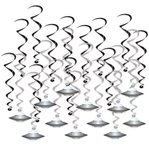 Beistle Flying Saucer Whirls – 24 Pack, Black & Silver Hanging Swirl Decorations with UFO Cutouts, Space-Themed Ceiling Décor for Alien Parties, Sci-Fi Events & Cosmic Galaxy Celebrations, 17½"–25"