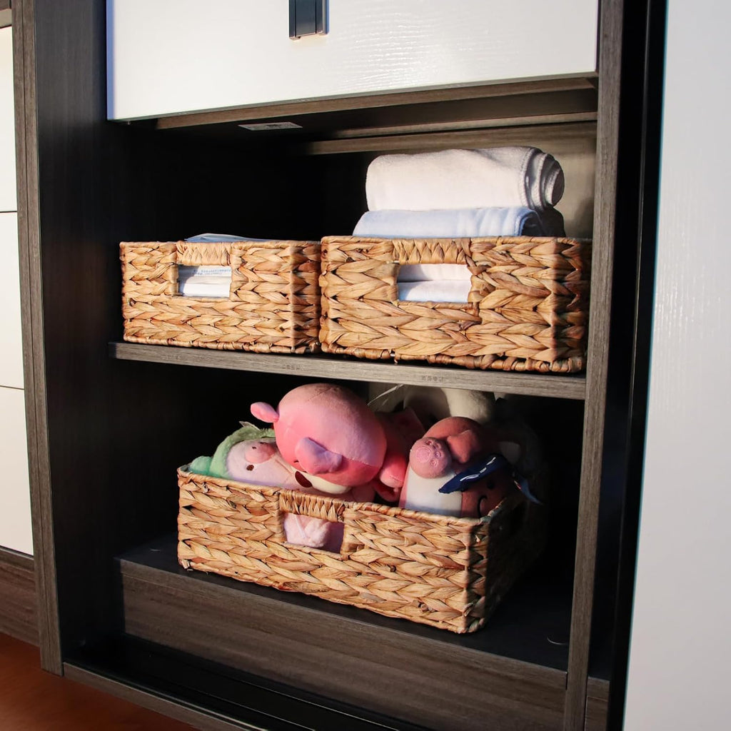 Water Hyacinth Storage Baskets by Rectangular | Woven Drawer Baskets with Handles - 15.2” L x 12” W x 4.7” H