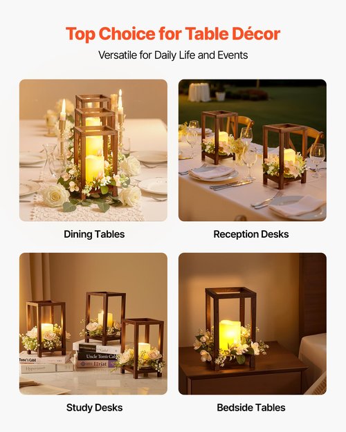 VEVOR 20 Set/60 Pcs Wooden Wedding Lantern Centerpiece, Includes 20 Wooden Lantern Candle Holder 20 Flameless LED Candle 20 Champagne Flower Wreath for Wedding Table Party Farmhouse Decor, Brown
