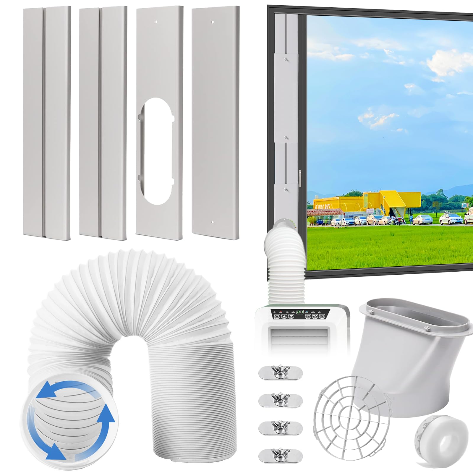 Aukney Portable AC Window Vent Kit, Adjustable Vertical/Horizontal Sliding Window Kit Plate for AC Unit, Seamless Portable AC Window Seal with 5.9 Inch Diameter, 59 Inch Length Exhaust Hose