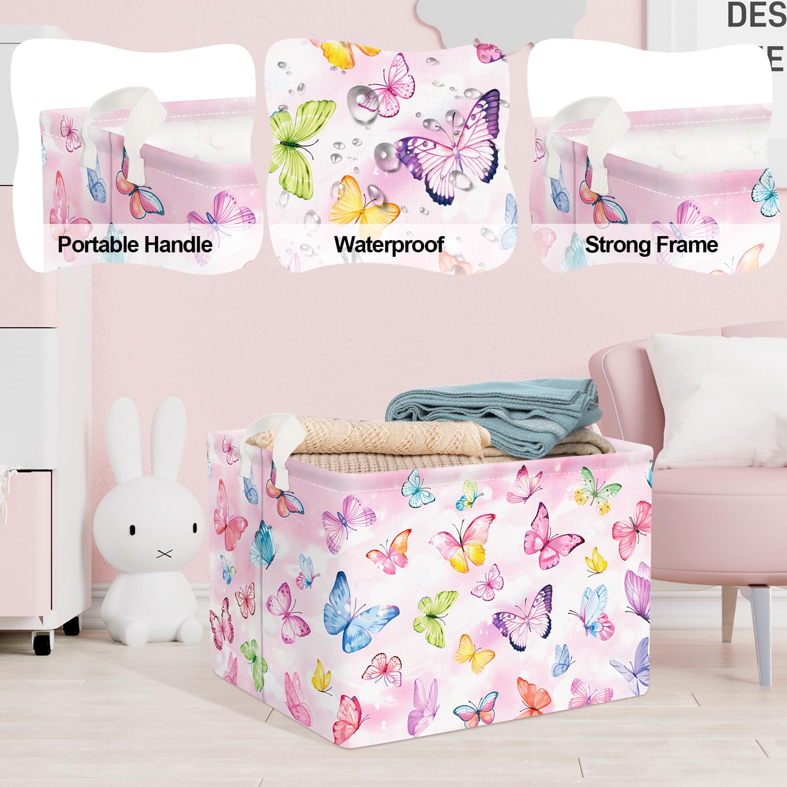 Clastyle 36L Pink Dreamy Butterfly Kid Storage Basket Collapsible Rectangle Clothes Toy Nursery Bin Book Shelf Basket