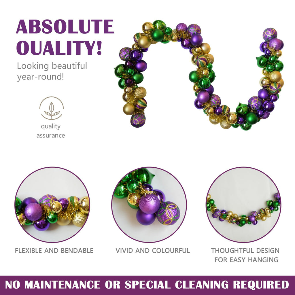 6 Ft Mardi Gras Garland with Purple Green Gold Glitter Balls, Carnival Bead Decor for Front Door, Mantel, Wall and Fireplace, Festive Fat Tuesday Indoor Outdoor Party Supplies