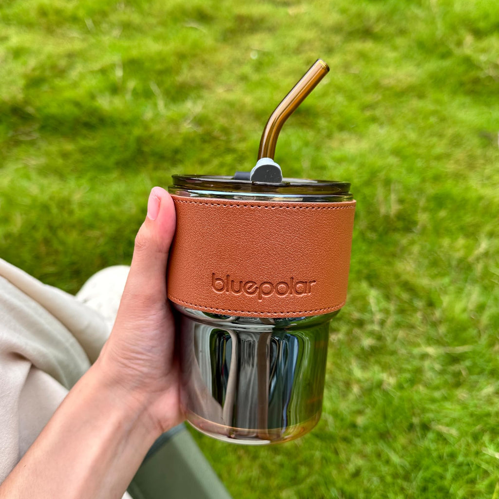 BLUEPOLAR 13oz/400ml Tumbler Water Glass, Cups with Straw and Lid Sealed Carry on for Coffee, Iced Tea, Thick Wall Insulated Glass Cup (Amberwith Protect Sleeve)