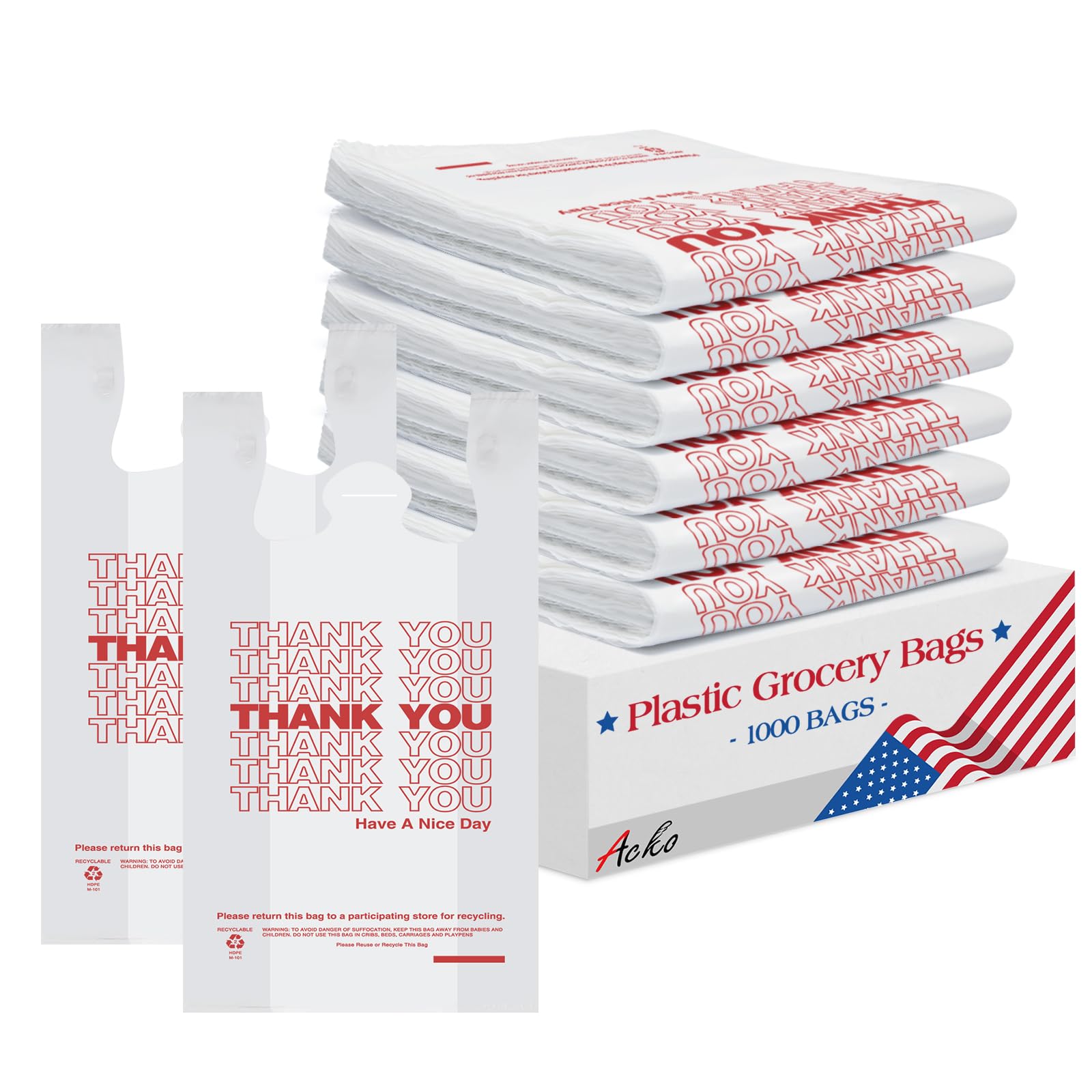 ACKO 1000 Count - Plastic T-shirt Bags with Handle, (11.5 x 6.5 x 21") 4 Gallon Thank You Bags for Grocery, Take Out, To Go, Retail Shopping Bag, Small Garbage Trash Bag for Home Office Kitchen