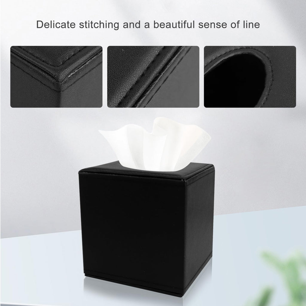 PU Leather Tissue Box Cover with Magnetic Closure,Square Tissue Box Holder with Magnetic Closure at The Bottom，Used for Bathroom Vanity Countertop Night Stands Bedroom Office Desk and Offices-Black