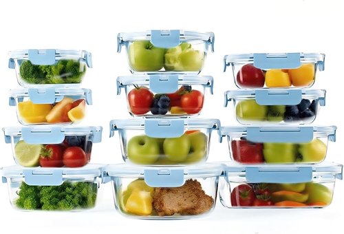 BYLWORKOUT Glass Storage Containers - 24 Piece Leak Proof Set, Dishwasher Safe for Meal Prep | Blue