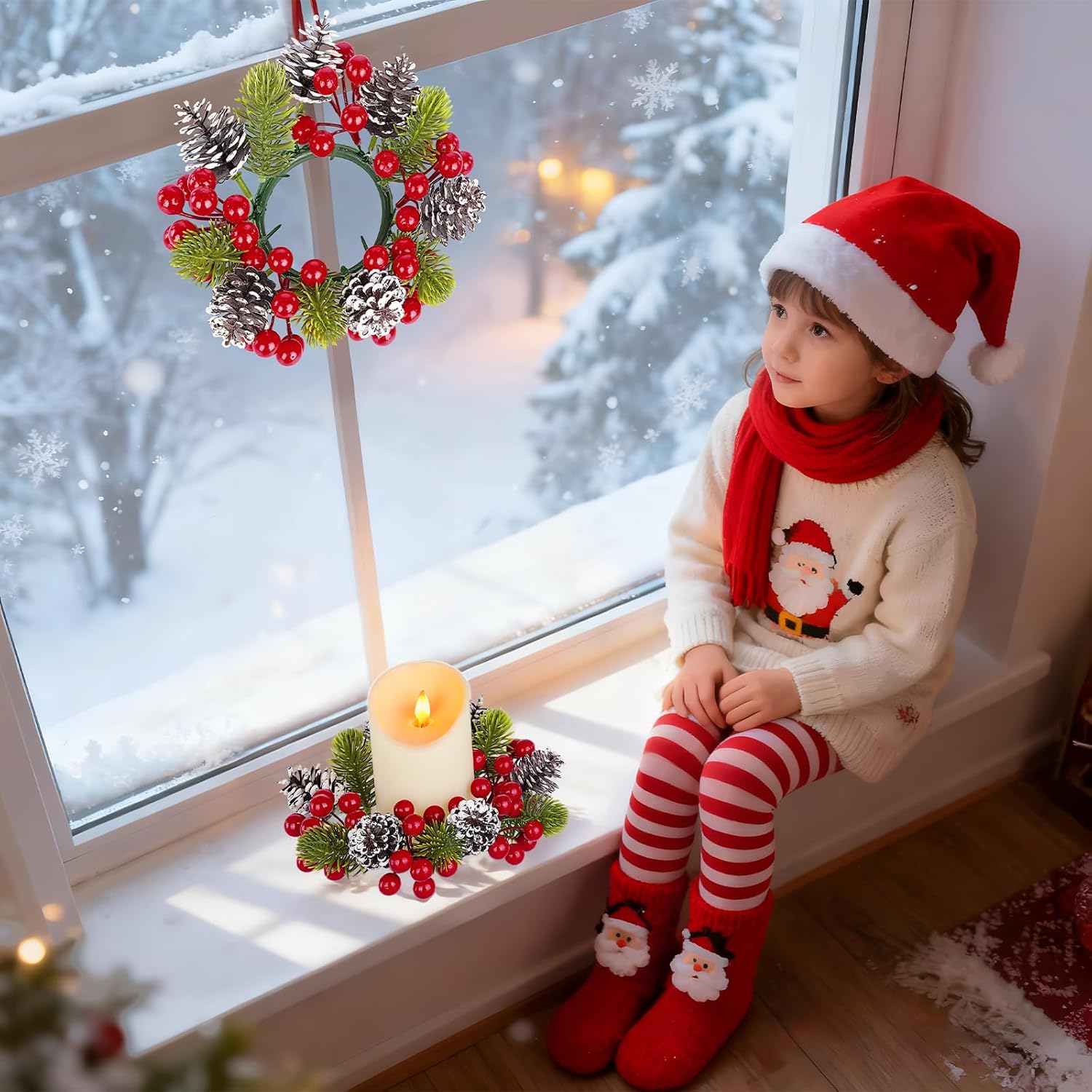 Skiennix Christmas Candle Rings - 6Pcs Artificial Pine Cones & Red Berries for Pillar Holders | Festive Table Centerpiece