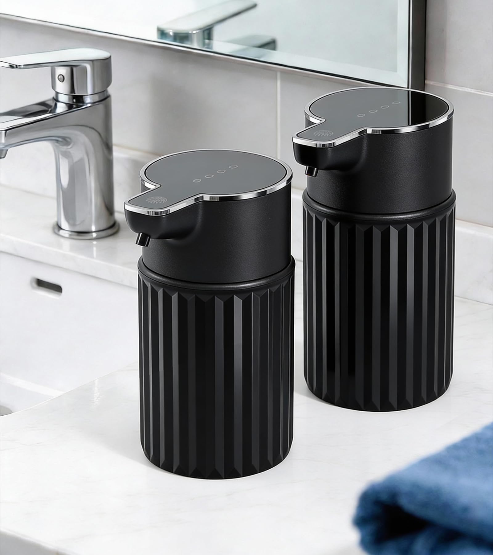 RYTOXILO Automatic Soap Dispenser Touchless, 2 Pack Black Auto Soap Dispensers for Bathroom and Kitchen, 12 Fl Oz Ribbed Plastic Electric Hands Free Dish Liquid Dispenser Wall Mount