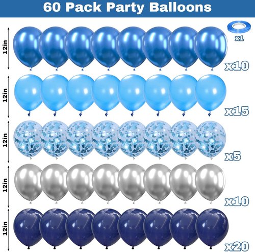 Blue & Silver Balloons by [Brand Name] - 60 Pcs Metallic Confetti Helium Latex for Parties & Celebrations