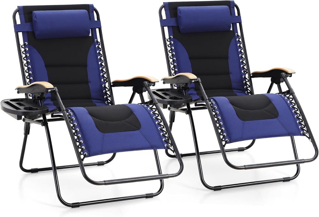 MAISON ARTS Oversized XXL Padded Zero Gravity Chair Set - Foldable Patio Recliner with Cup Holder & Pillow, Blue, Supports 400lbs