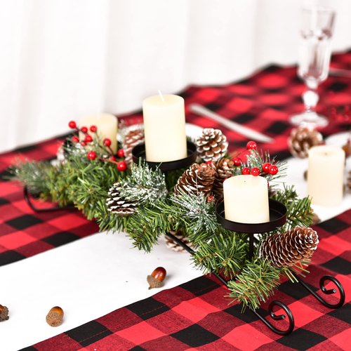 Artiflr 20 Inch Christmas Candle Holder Centerpiece with 3 Candle Holders, Pine Cones, Red Berry Table Accent for Festival Home Decoration