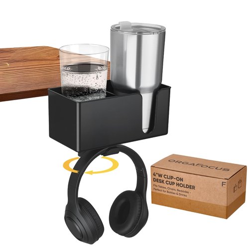 4-in-1 Clip On Desk Cup Holder, Fits up to 40oz cups - Mountable Holder with Adjustable Divider & 360° Rotating Hook - No Spill Clamp On Drink Holder Attachment - for Desk Chair Table Bed Tray - Black