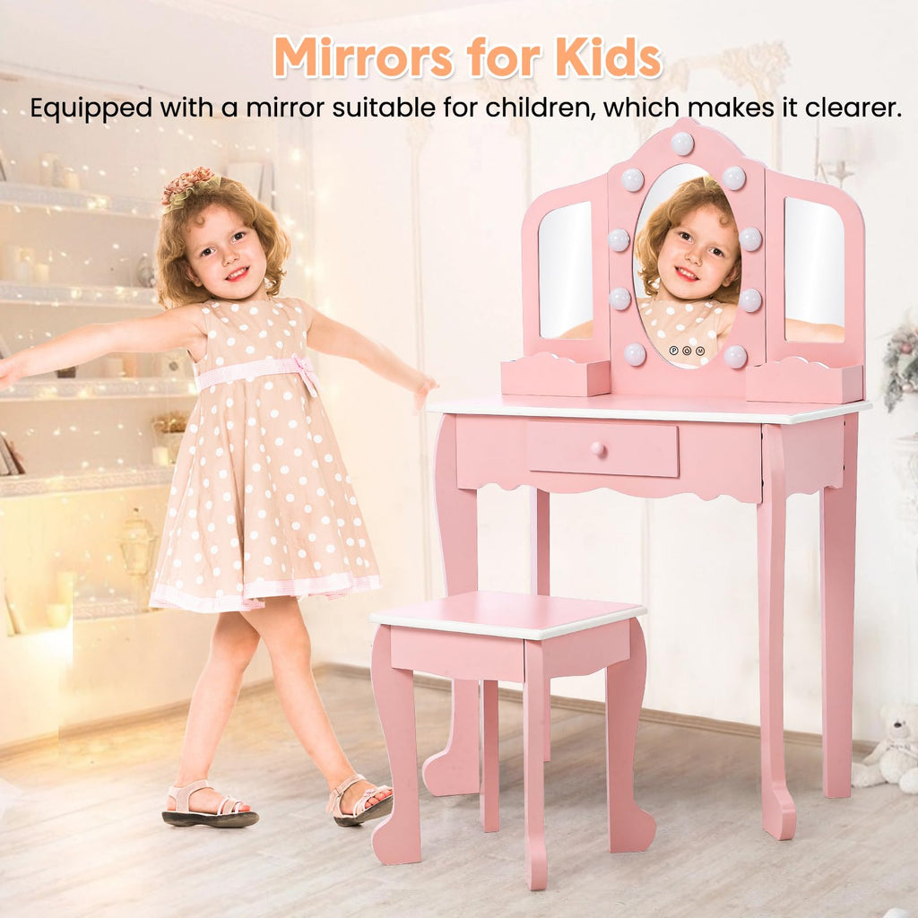 Garvee Kids Vanity with Lighted Mirror, Little Girls Vanity Table & Stool, Kids Makeup with Tri-Fold Mirror, Drawer & Storage Grid for 3-9 Yrs Girls, Pink