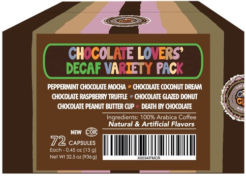 Crazy Cups Decaf Chocolate Coffee Pods, 72 Count Variety Pack, Dark Roast, Compatible with Keurig K Cup Machines, Vegan, Gluten Free, Kosher Certified