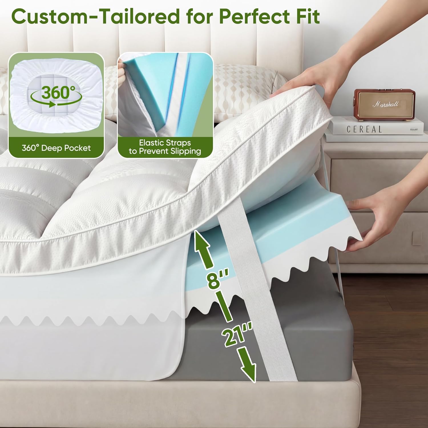 Skiennix Extra Thick Memory Foam Mattress Topper - Dual Layer 2.5" Gel Foam & Bamboo Pillow Top | Queen Size 80x60x5in