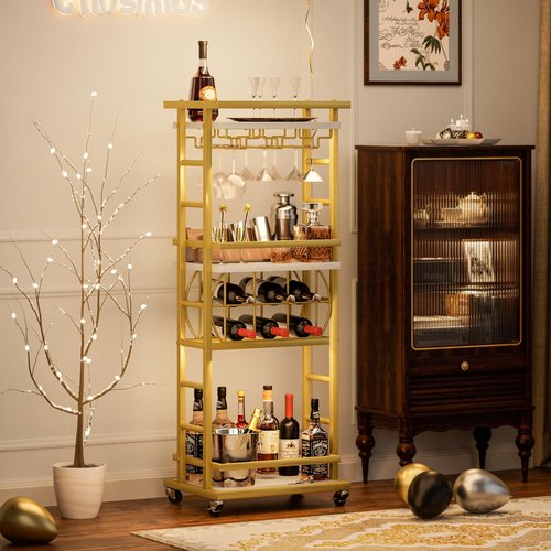 MILEFA 4 Tier Bar Cart with Wheels, Home Bar Serving Cart, Rolling Mini Wine Cart with Wine Rack and Glass Holder, Drink Cart for Dining Room, Living Room, Kitchen, Bar and Outdoor, Gold