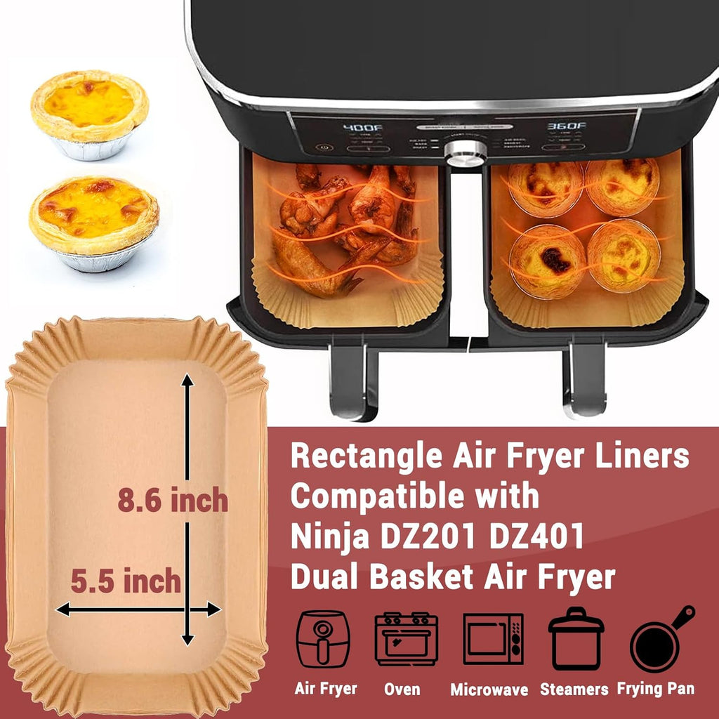 Ninja 200PCS Air Fryer Liners - Non-Stick Unbleached Parchment Paper for Dual Basket | 8.6 x 5.5 Inch