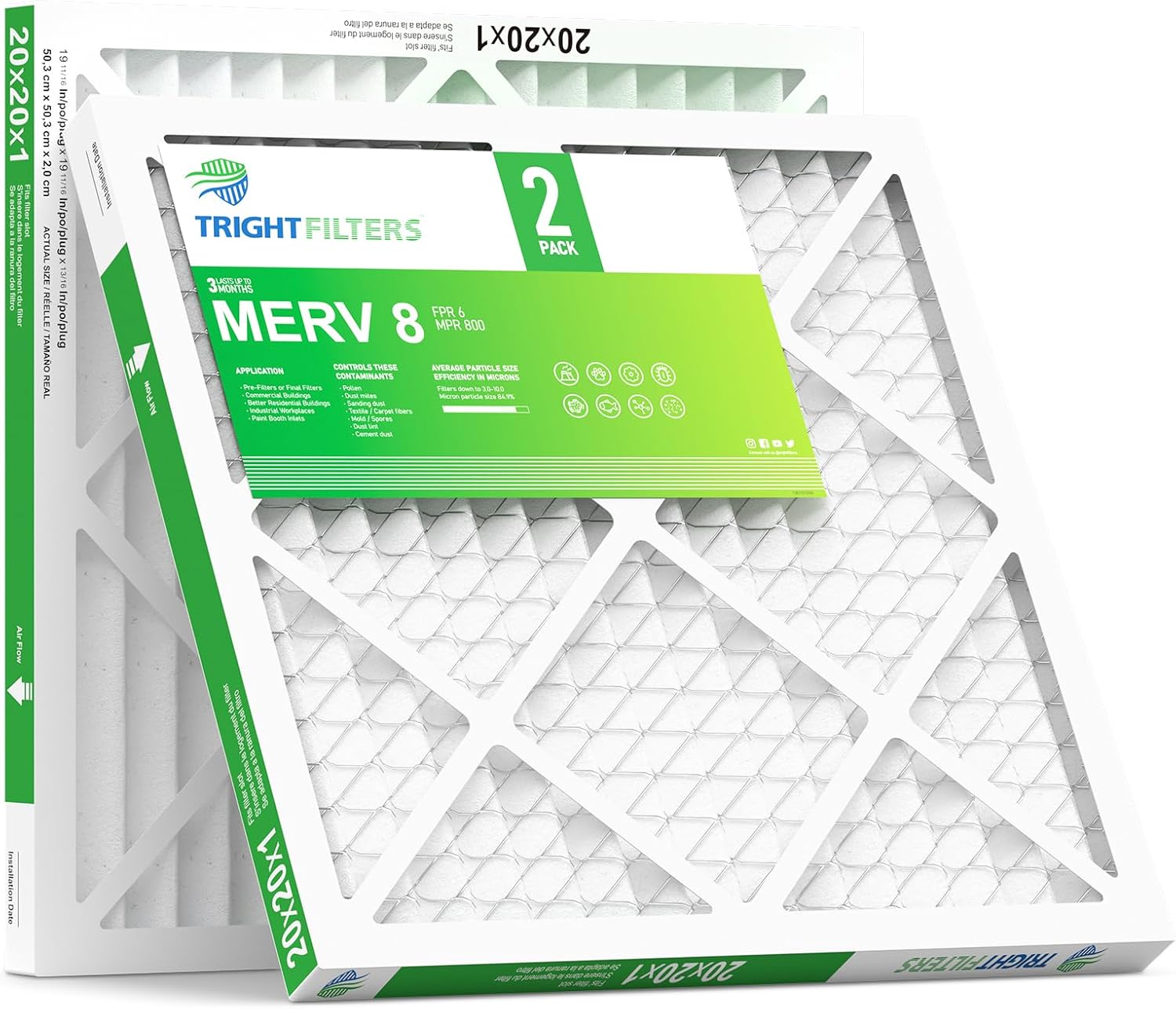 TRIGHTFILTERS 20x20x1 Air Filter - Durable MERV 8 Pleated HVAC Replacement | 2 Pack, Lightweight Design