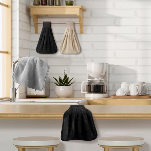 Breling 6 Pcs Kitchen Hanging Towel with Hanging Loop Absorbent Coral Fleece Kitchen Tie Towels Rustic Bathroom Dish Cloth Soft Thick Dry Cleaning Hand Dishcloths for Home Bathroom Cooking(Classic)