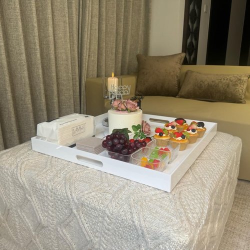 ATOZONE White Modern Acrylic Ottoman Tray with Cutout Handles 22x22 Inch Over-Sized Serving Tray Rubber Boot Tray Organizer Decorative Tray for Living Room, Bedroom,Bathroom and Kitchen Tabletop