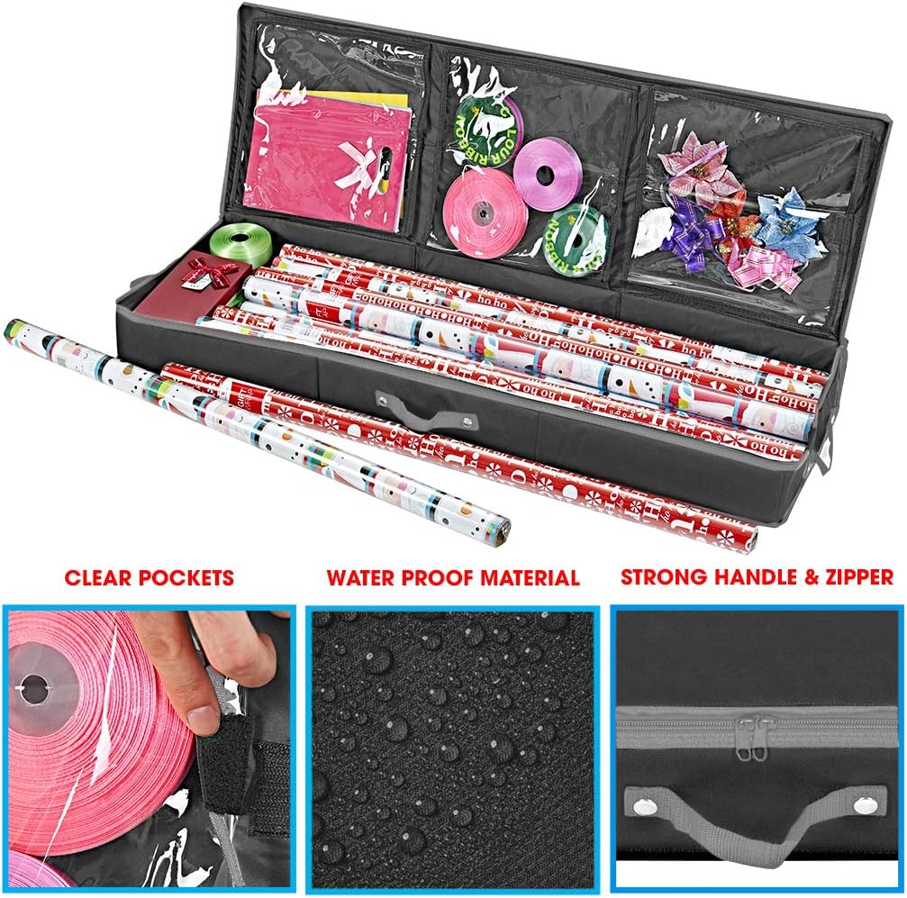 Primode Wrapping Paper Storage Container - Gift Wrap Organizer for Under Bed | 41”x14”x6” | Holds 18-24 Rolls Up to 40” | Durable 600D Oxford Material | Pockets for Ribbons and Bows (Black)