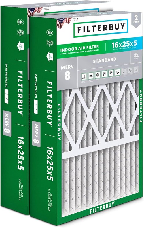 Filterbuy 16x25x5 Air Filter - MERV 8 Dust & Allergy Defense (2-Pack) | Pleated HVAC Filters