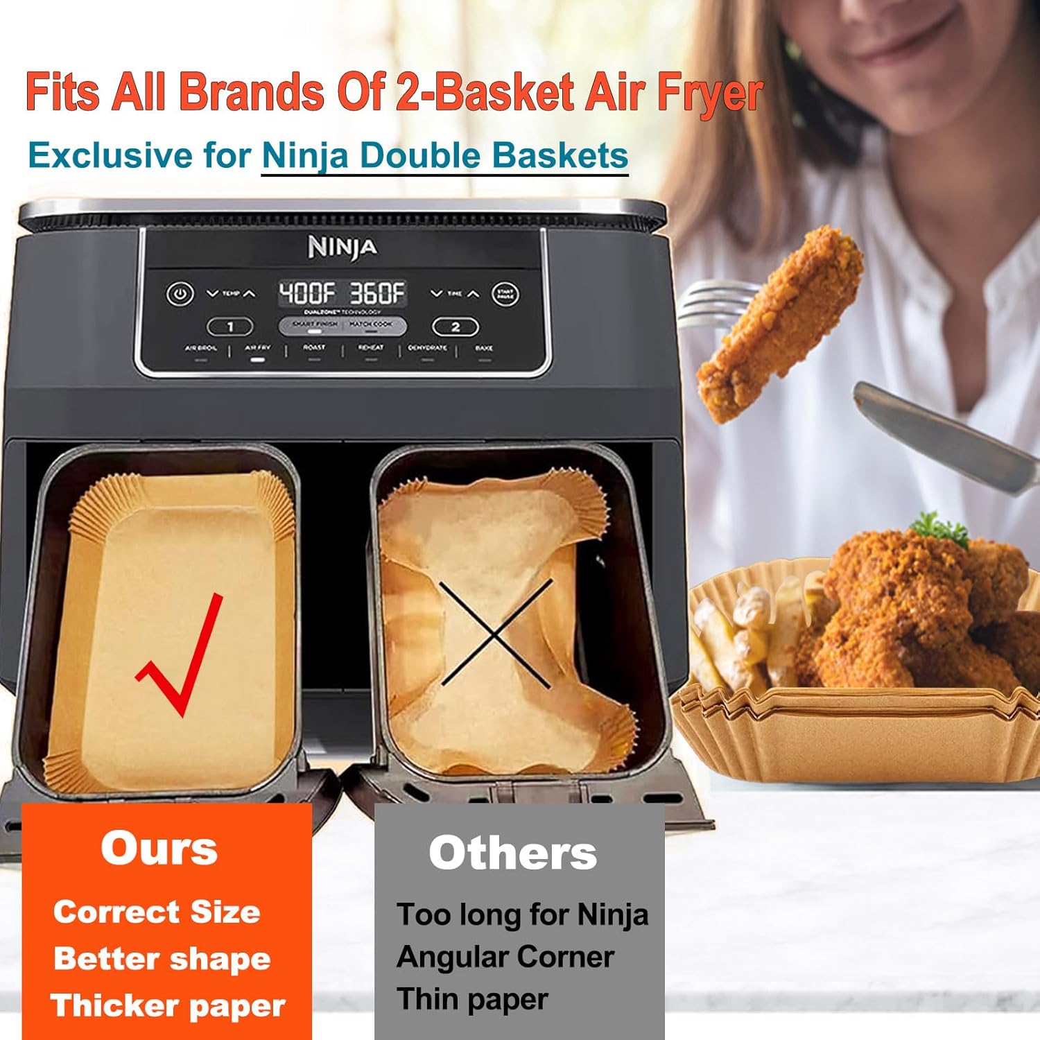 Ninja Foodi Air Fryer Liners - Disposable Parchment Paper for Dual Basket Cooking | Rectangular Design
