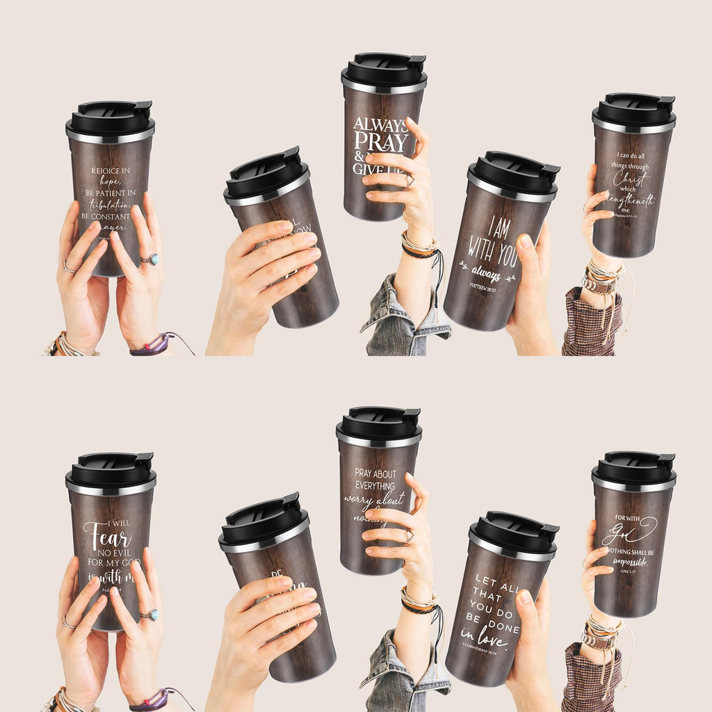 Meanplan 10 Set Christian Fathers Day Church Gifts Bible Verse Tumbler Bulk 17oz Coffee Cup Religious Jesus Tumbler Inspirational Mug for Men Women Teacher (Wood Grain, Bible Theme)