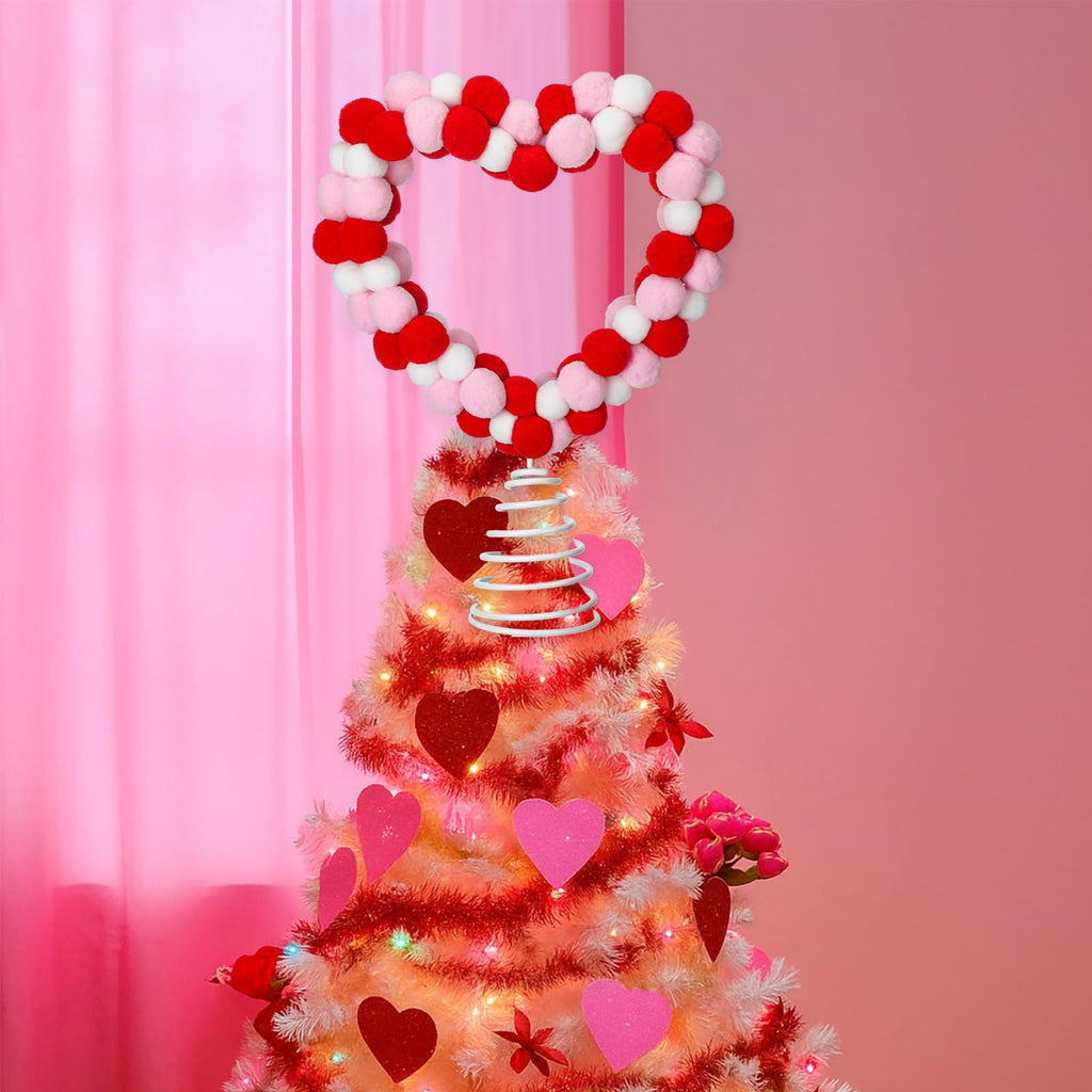 Sotiff 10 Inch Valentine's Day Heart Pom Pom Tree Topper Ornament Love Topper Red Pink Wool Felt Ball Double-Sided Decor for Valentine Holiday Wedding Home Birthday Party Supplies Gift