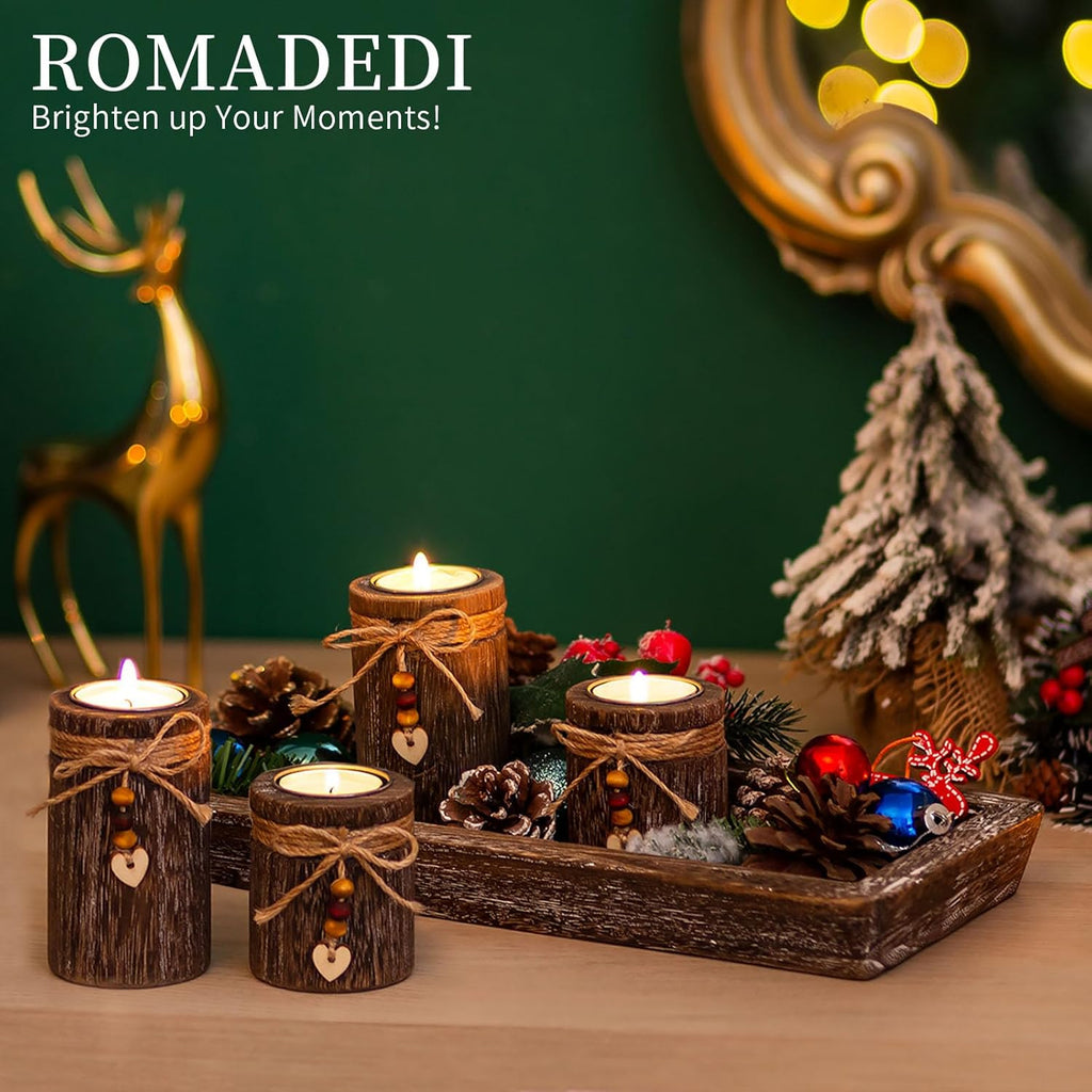 Romadedi Candle Holder Set - Boho Wooden Tray with 4 Tealight Holders for Farmhouse Decor | Living Room Centerpiece