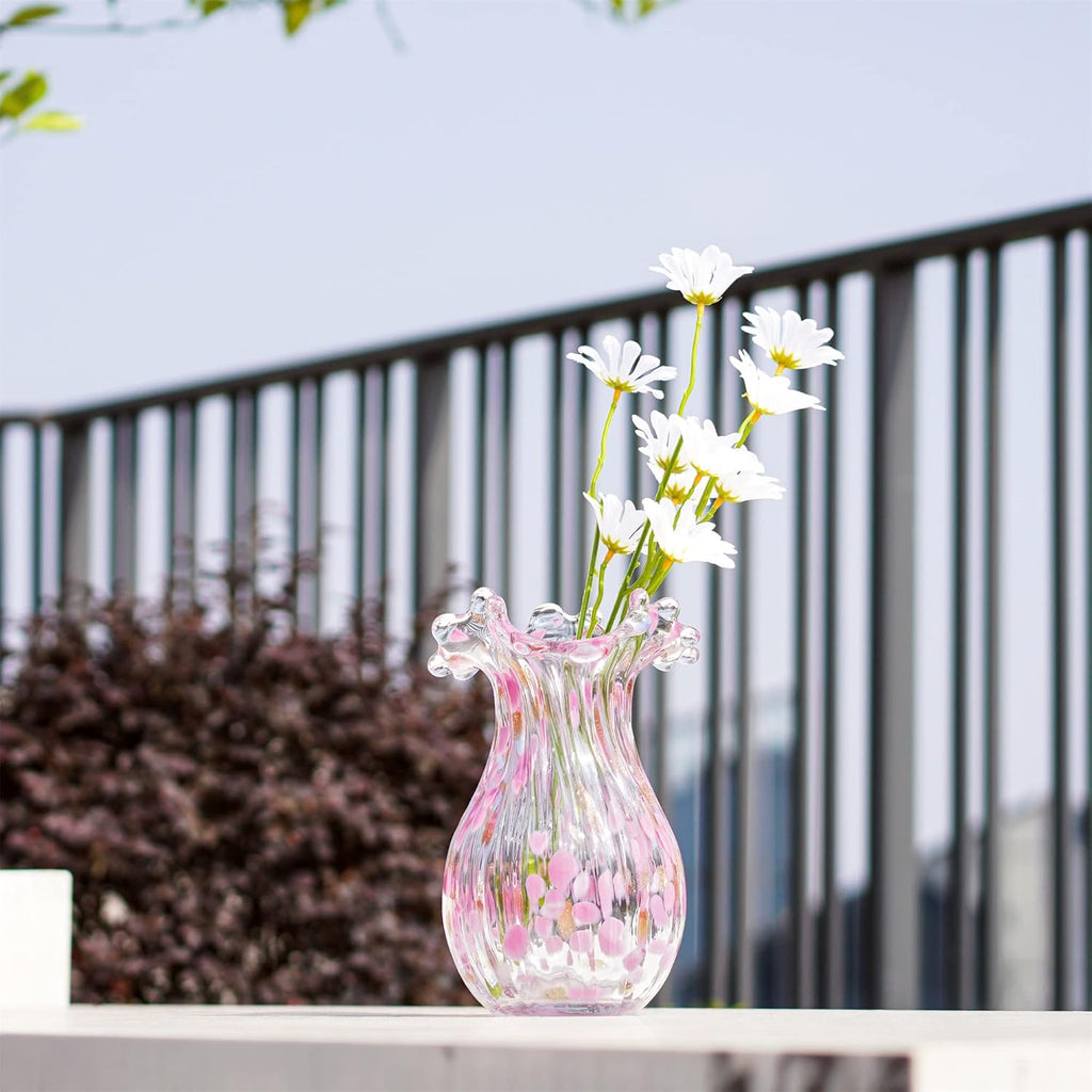 QFkris Handblown Glass Vase - Modern Pink Petal Flower Vase for Home Decor | 8.5 Inch Tall Centerpiece